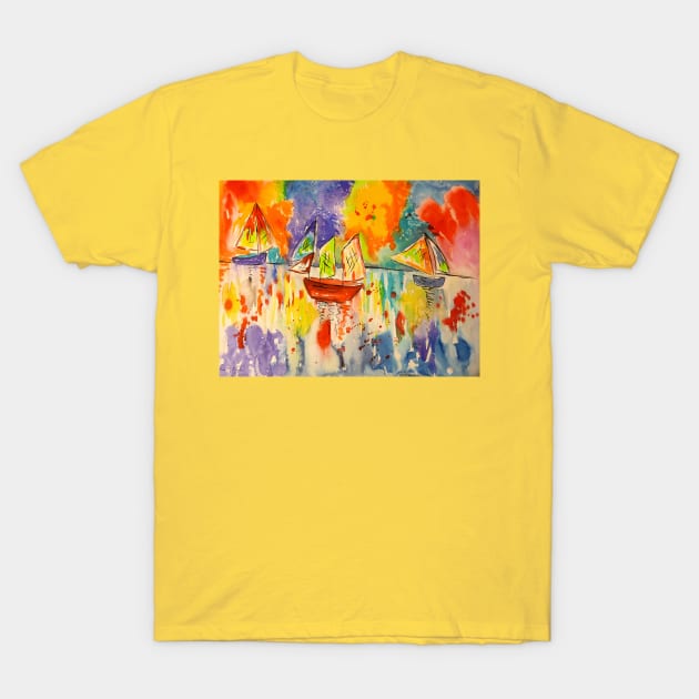 Colourful Sailing Boats at Sunset T-Shirt by Casimirasquirkyart